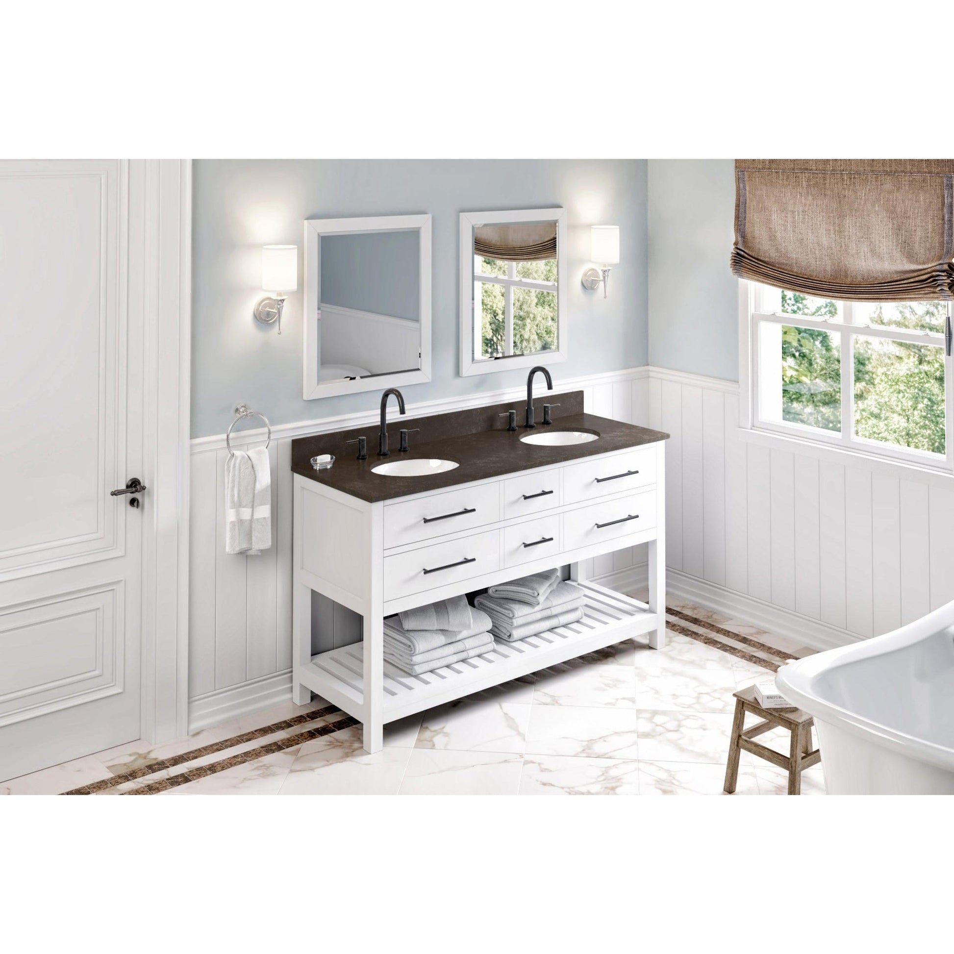 Hardware Resources Jeffrey Alexander Wavecrest 60" White Freestanding Vanity With Double Bowl, Blue Limestone Vanity Top, Backsplash and Oval Undermount Sink