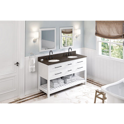 Hardware Resources Jeffrey Alexander Wavecrest 60" White Freestanding Vanity With Double Bowl, Blue Limestone Vanity Top, Backsplash and Oval Undermount Sink