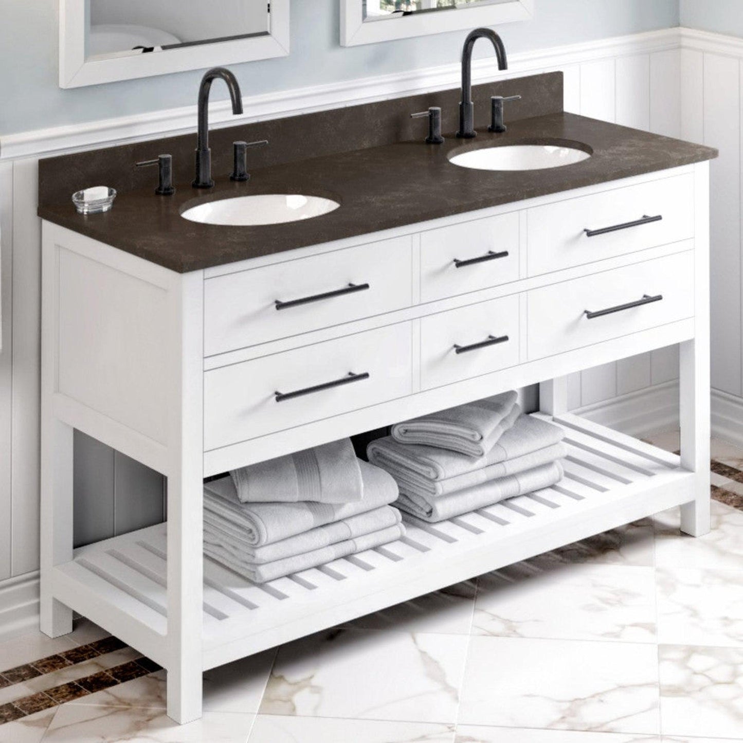Hardware Resources Jeffrey Alexander Wavecrest 60" White Freestanding Vanity With Double Bowl, Blue Limestone Vanity Top, Backsplash and Oval Undermount Sink