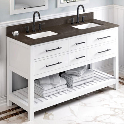 Hardware Resources Jeffrey Alexander Wavecrest 60" White Freestanding Vanity With Double Bowl, Blue Limestone Vanity Top, Backsplash and Rectangle Undermount Sink
