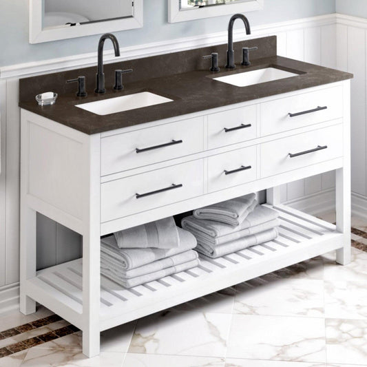 Hardware Resources Jeffrey Alexander Wavecrest 60" White Freestanding Vanity With Double Bowl, Blue Limestone Vanity Top, Backsplash and Rectangle Undermount Sink