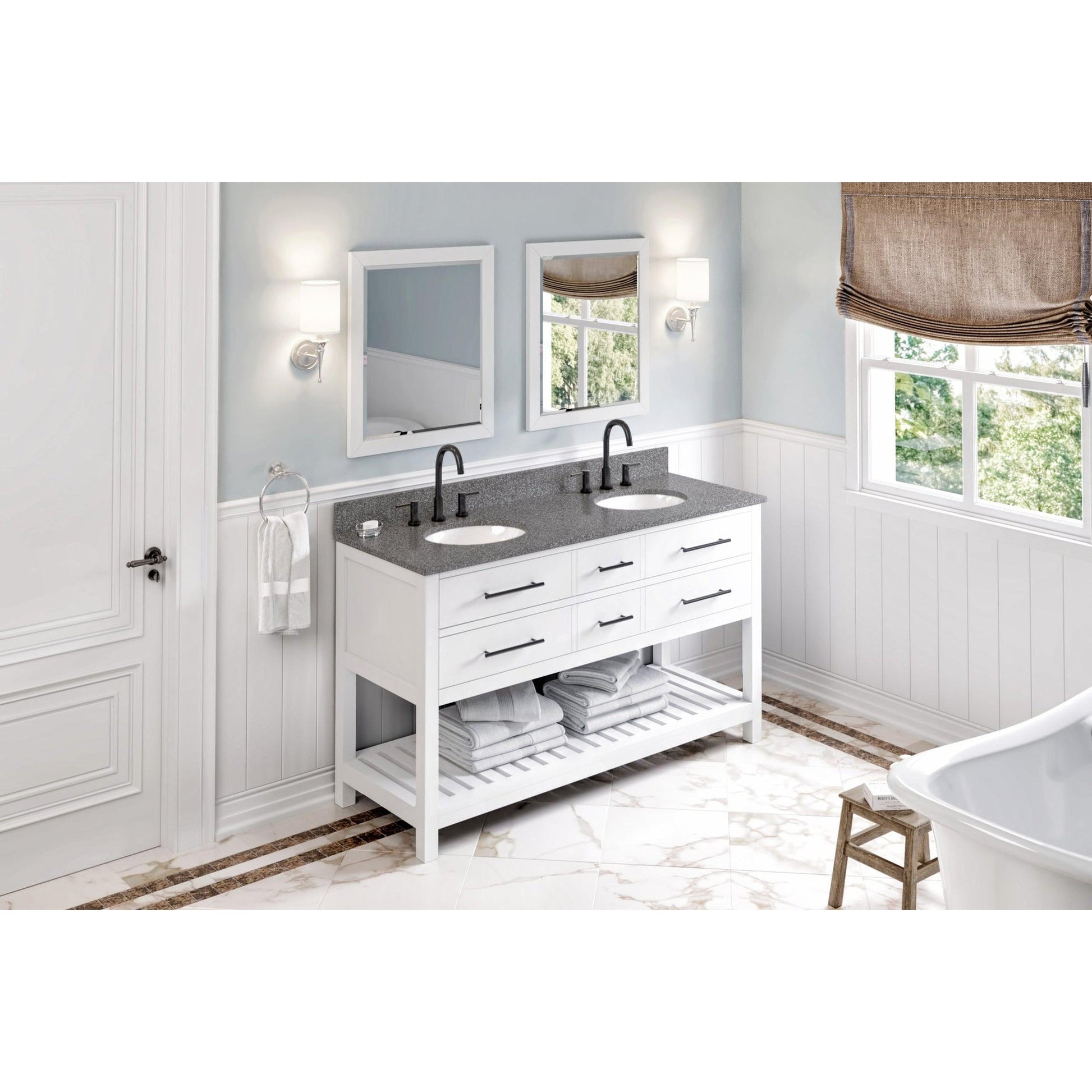 Hardware Resources Jeffrey Alexander Wavecrest 60" White Freestanding Vanity With Double Bowl, Boulder Cultured Marble Vanity Top, Backsplash and Oval Undermount Sink