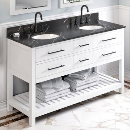 Hardware Resources Jeffrey Alexander Wavecrest 60" White Freestanding Vanity With Double Bowl, Calacatta Black Quartz Vanity Top, Backsplash and Oval Undermount Sink