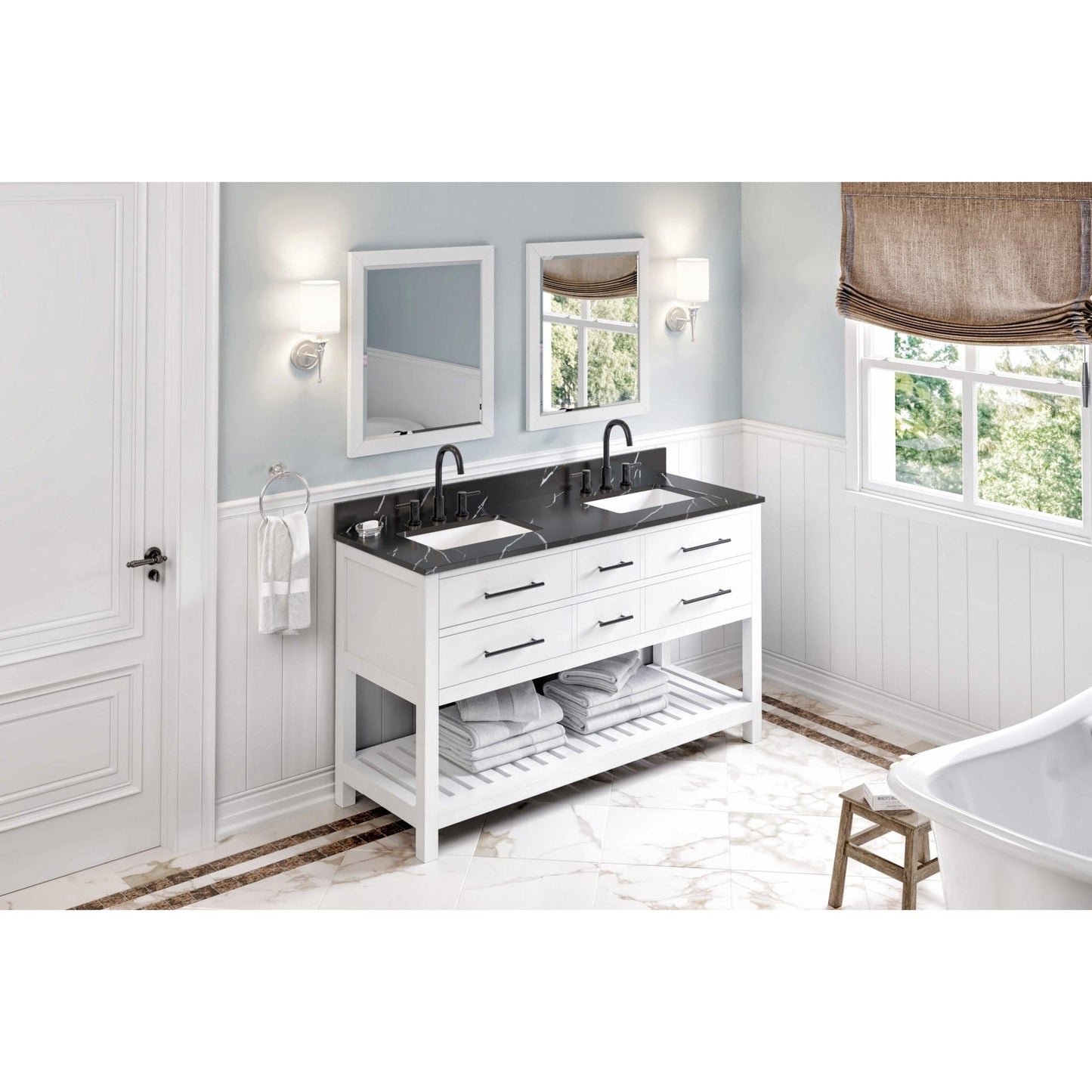 Hardware Resources Jeffrey Alexander Wavecrest 60" White Freestanding Vanity With Double Bowl, Calacatta Black Quartz Vanity Top, Backsplash and Rectangle Undermount Sink