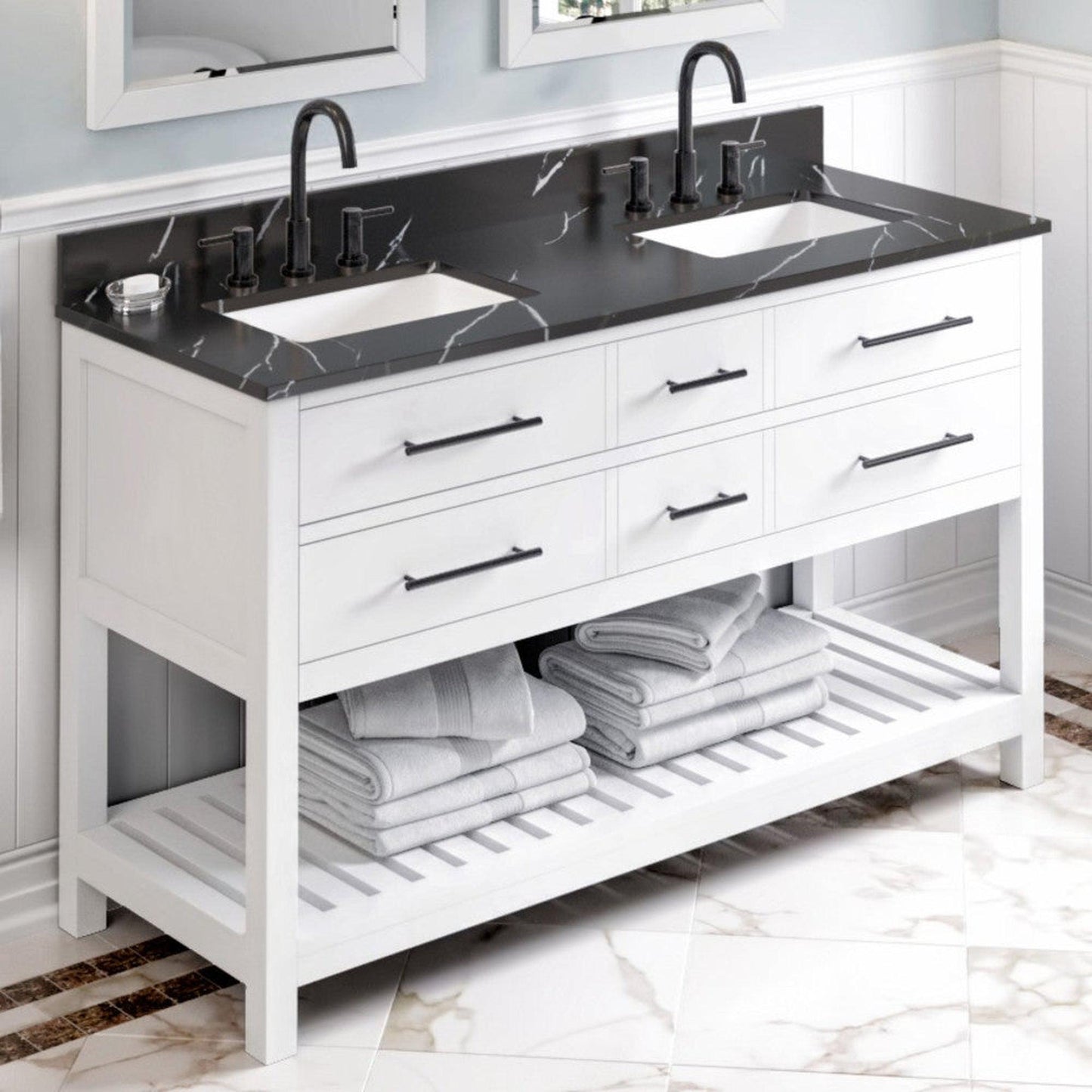 Hardware Resources Jeffrey Alexander Wavecrest 60" White Freestanding Vanity With Double Bowl, Calacatta Black Quartz Vanity Top, Backsplash and Rectangle Undermount Sink