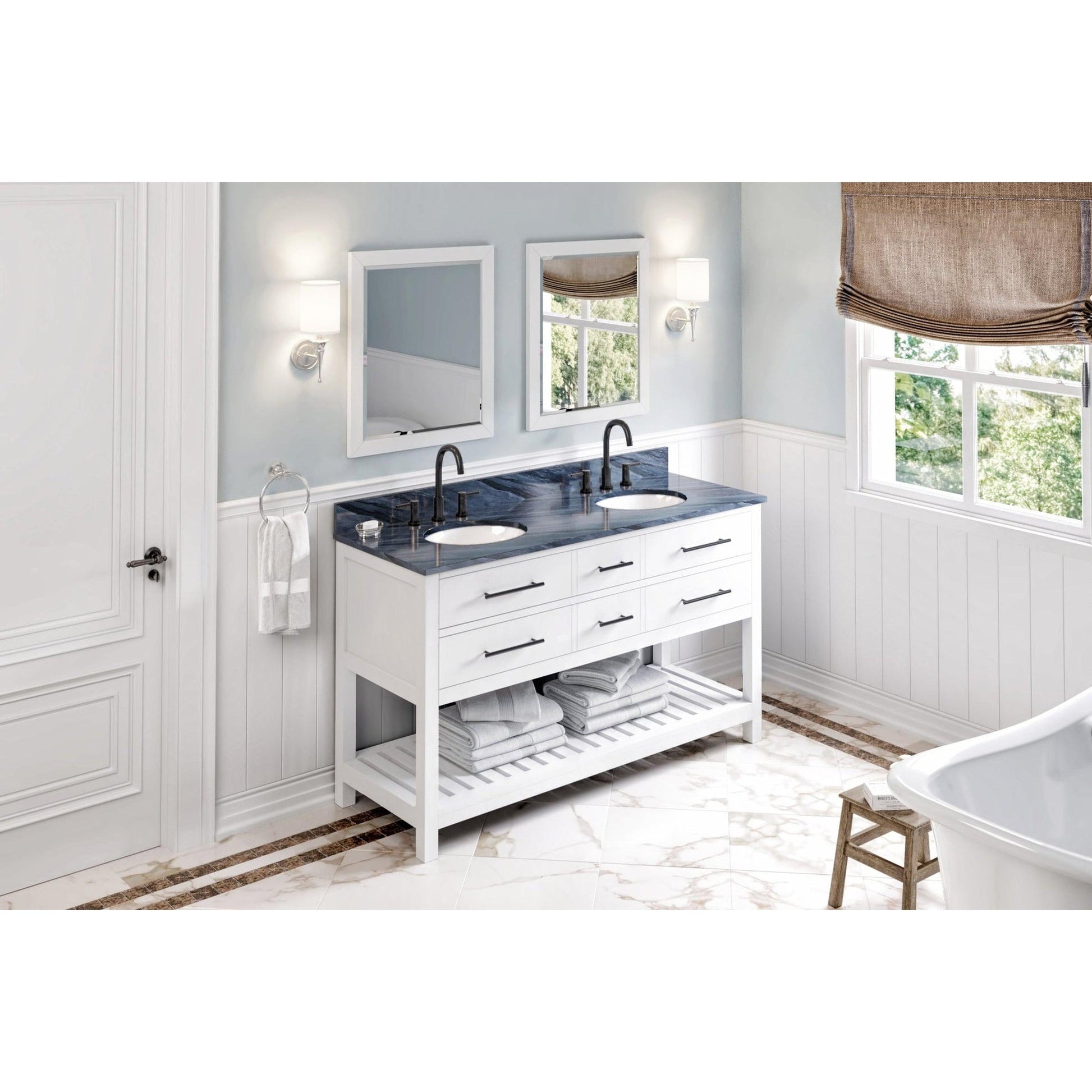 Hardware Resources Jeffrey Alexander Wavecrest 60" White Freestanding Vanity With Double Bowl, Gray Marble Vanity Top, Backsplash and Oval Undermount Sink