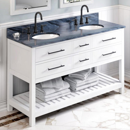 Hardware Resources Jeffrey Alexander Wavecrest 60" White Freestanding Vanity With Double Bowl, Gray Marble Vanity Top, Backsplash and Oval Undermount Sink