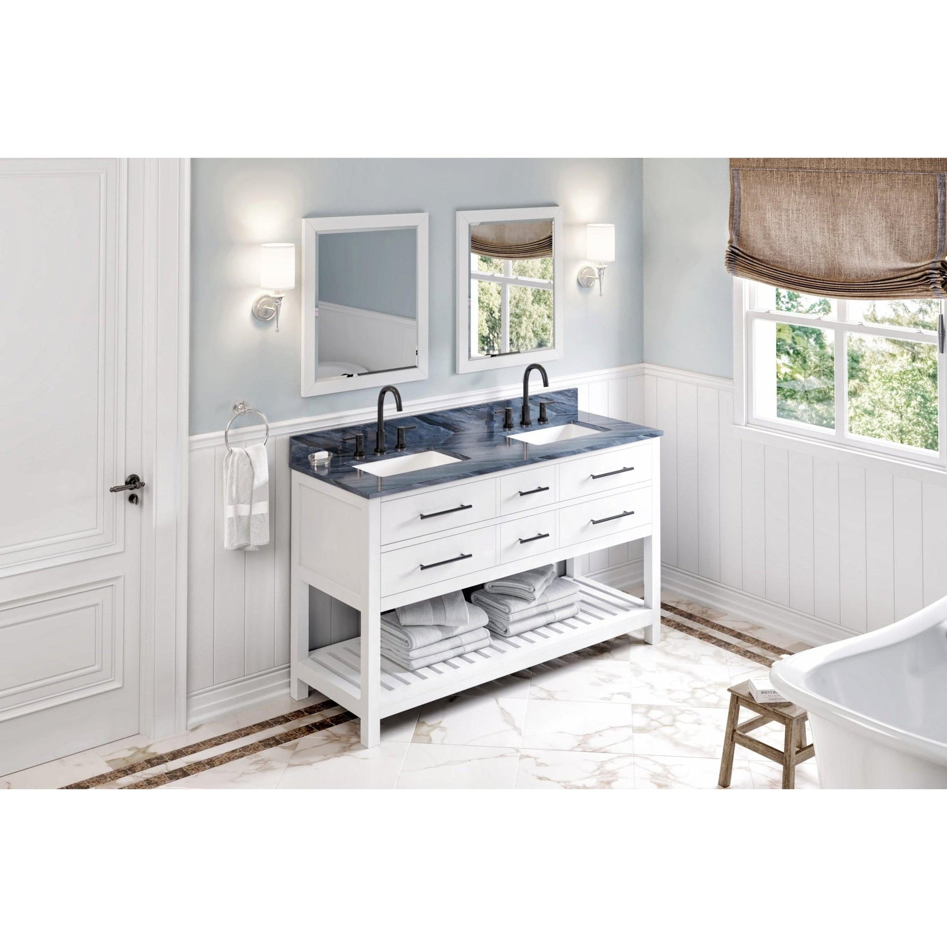 Hardware Resources Jeffrey Alexander Wavecrest 60" White Freestanding Vanity With Double Bowl, Gray Marble Vanity Top, Backsplash and Rectangle Undermount Sink