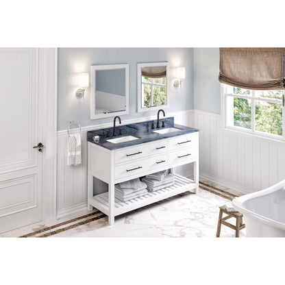 Hardware Resources Jeffrey Alexander Wavecrest 60" White Freestanding Vanity With Double Bowl, Gray Marble Vanity Top, Backsplash and Rectangle Undermount Sink