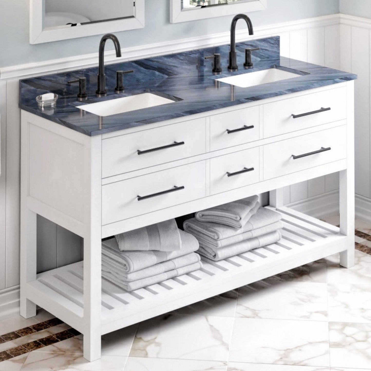 Hardware Resources Jeffrey Alexander Wavecrest 60" White Freestanding Vanity With Double Bowl, Gray Marble Vanity Top, Backsplash and Rectangle Undermount Sink