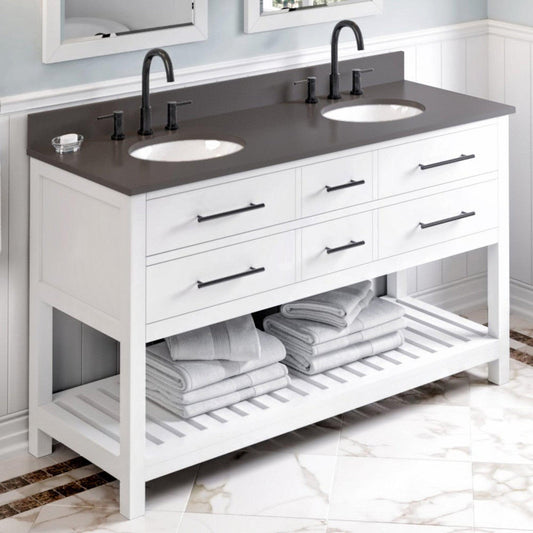 Hardware Resources Jeffrey Alexander Wavecrest 60" White Freestanding Vanity With Double Bowl, Gray Quartz Vanity Top, Backsplash and Oval Undermount Sink