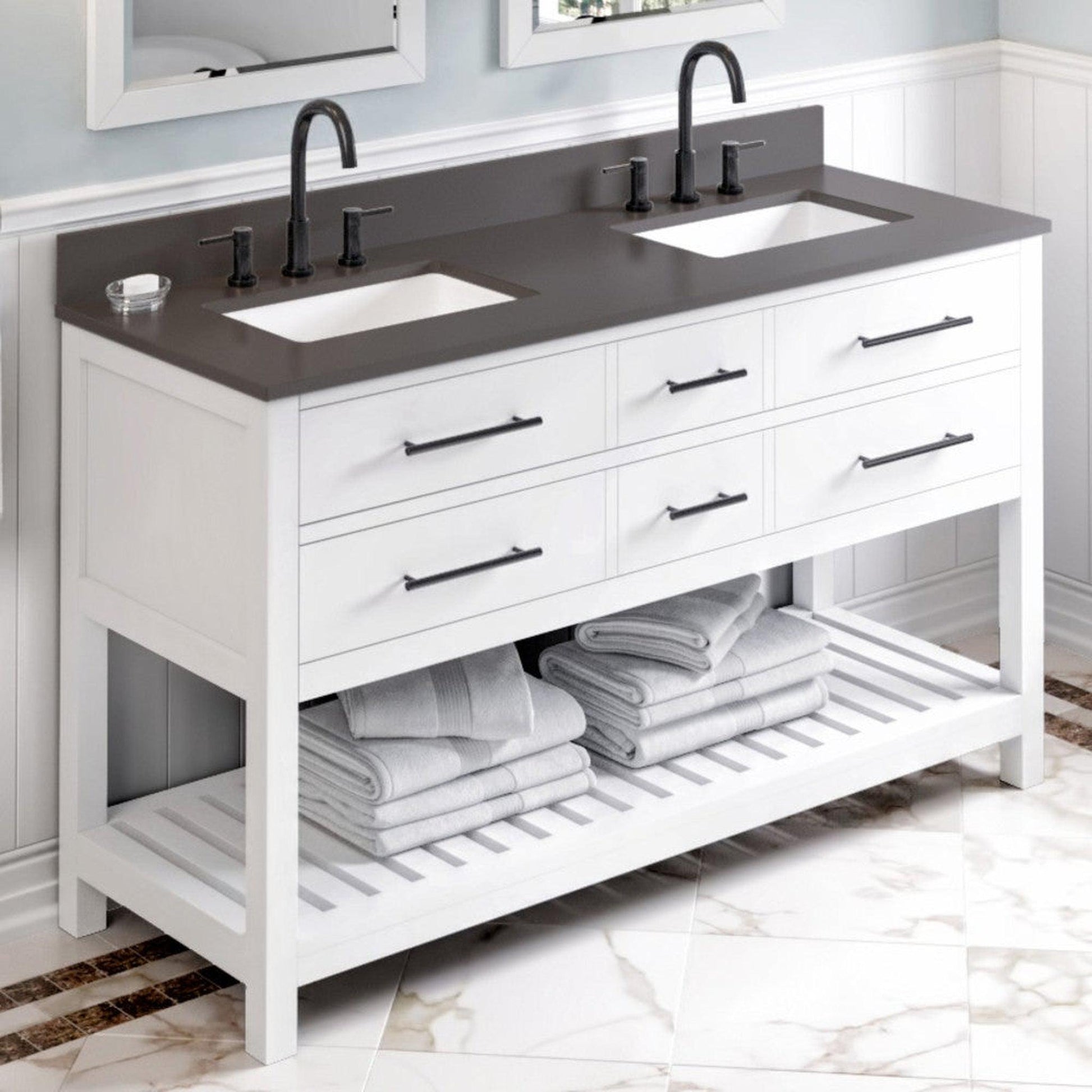 Hardware Resources Jeffrey Alexander Wavecrest 60" White Freestanding Vanity With Double Bowl, Gray Quartz Vanity Top, Backsplash and Rectangle Undermount Sink