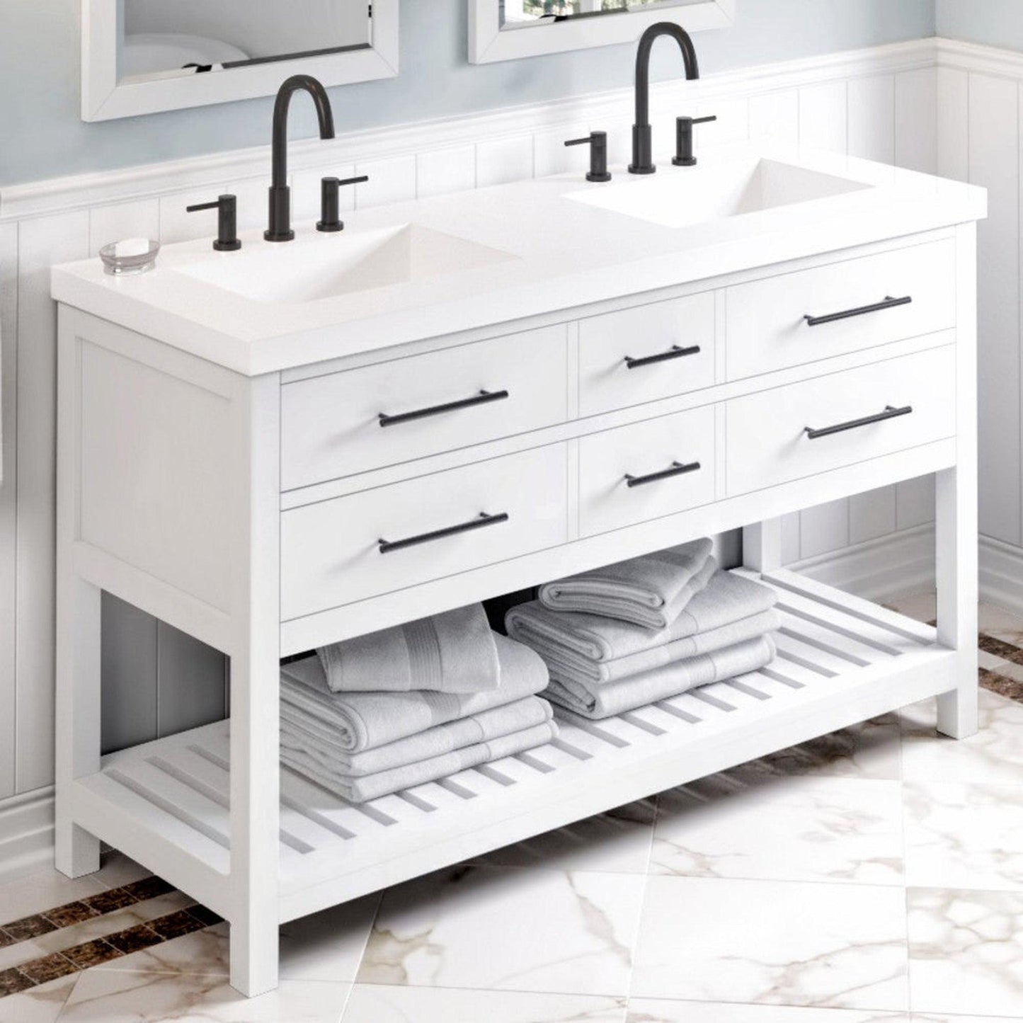 Hardware Resources Jeffrey Alexander Wavecrest 60" White Freestanding Vanity With Double Bowl, Lavante Cultured Marble Vessel Vanity Top, Backsplash and Rectangle Undermount Sink