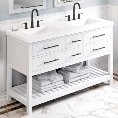 Hardware Resources Jeffrey Alexander Wavecrest 60" White Freestanding Vanity With Double Bowl, Lavante Cultured Marble Vessel Vanity Top, Backsplash and Rectangle Undermount Sink