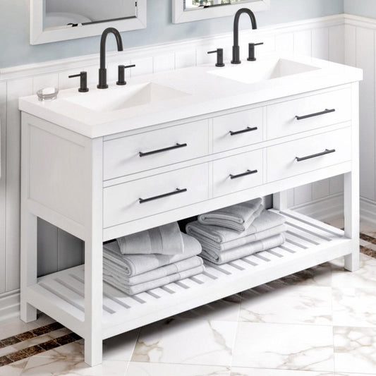 Hardware Resources Jeffrey Alexander Wavecrest 60" White Freestanding Vanity With Double Bowl, Lavante Cultured Marble Vessel Vanity Top, Backsplash and Rectangle Undermount Sink