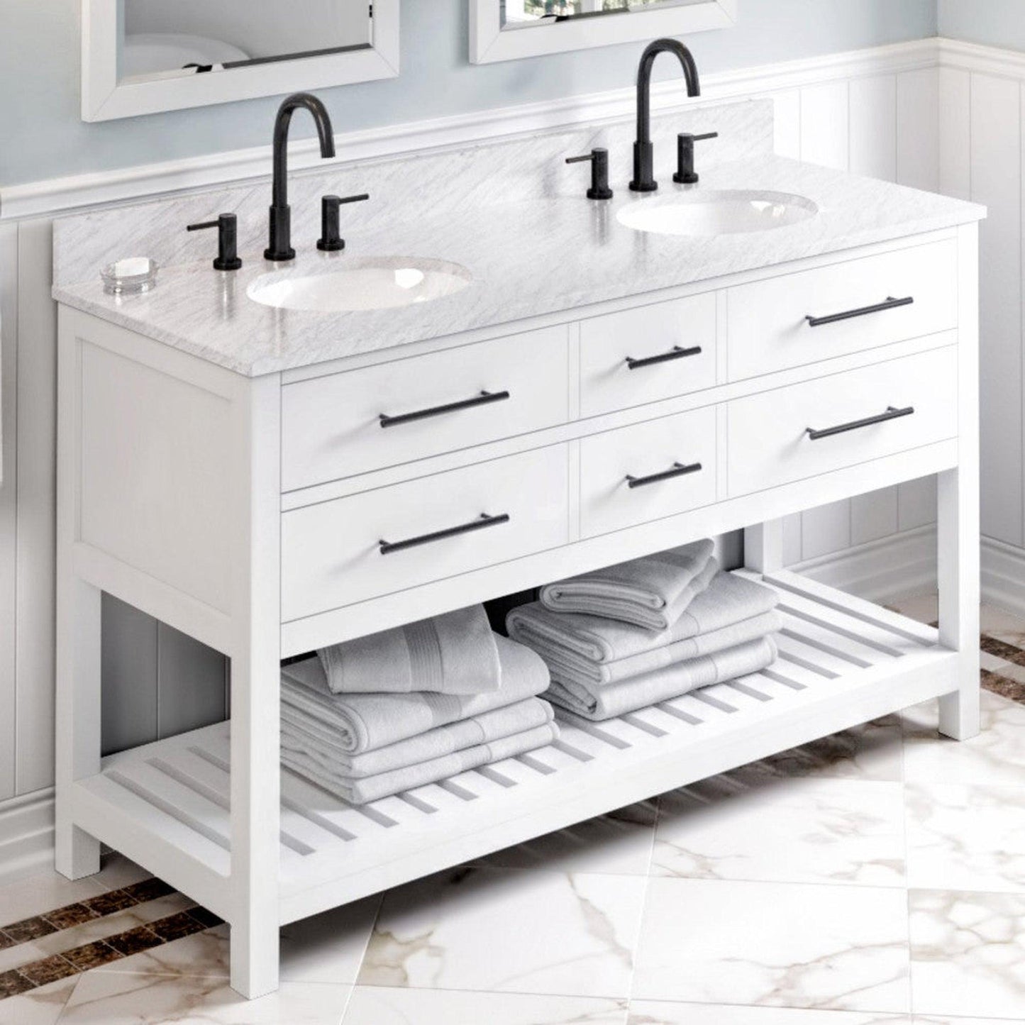 Hardware Resources Jeffrey Alexander Wavecrest 60" White Freestanding Vanity With Double Bowl, White Carrara Marble Vanity Top, Backsplash and Oval Undermount Sink