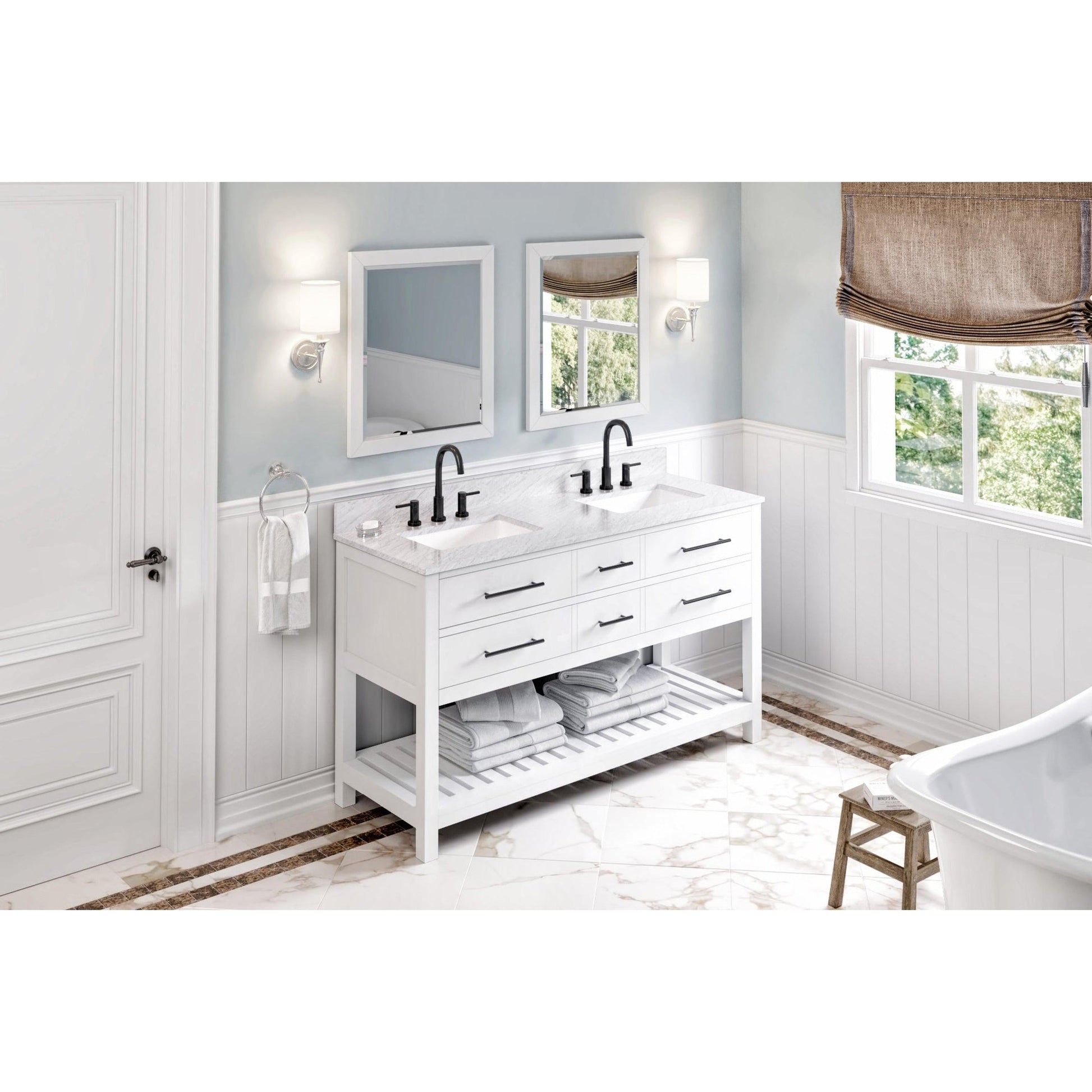 Hardware Resources Jeffrey Alexander Wavecrest 60" White Freestanding Vanity With Double Bowl, White Carrara Marble Vanity Top, Backsplash and Rectangle Undermount Sink