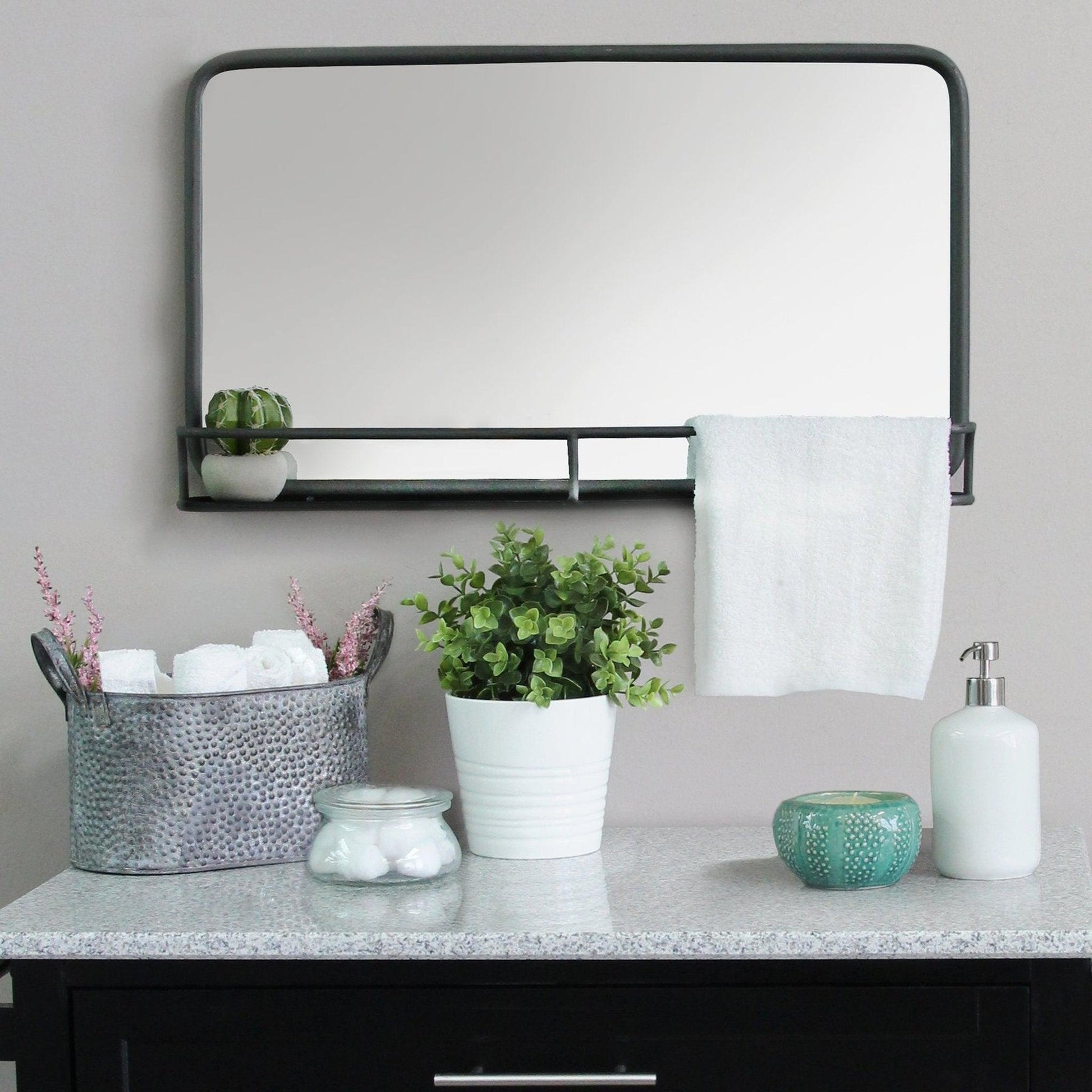 HomeRoots 24" Chic Rectangular Mirror With Shelf In Gunmetal Finish