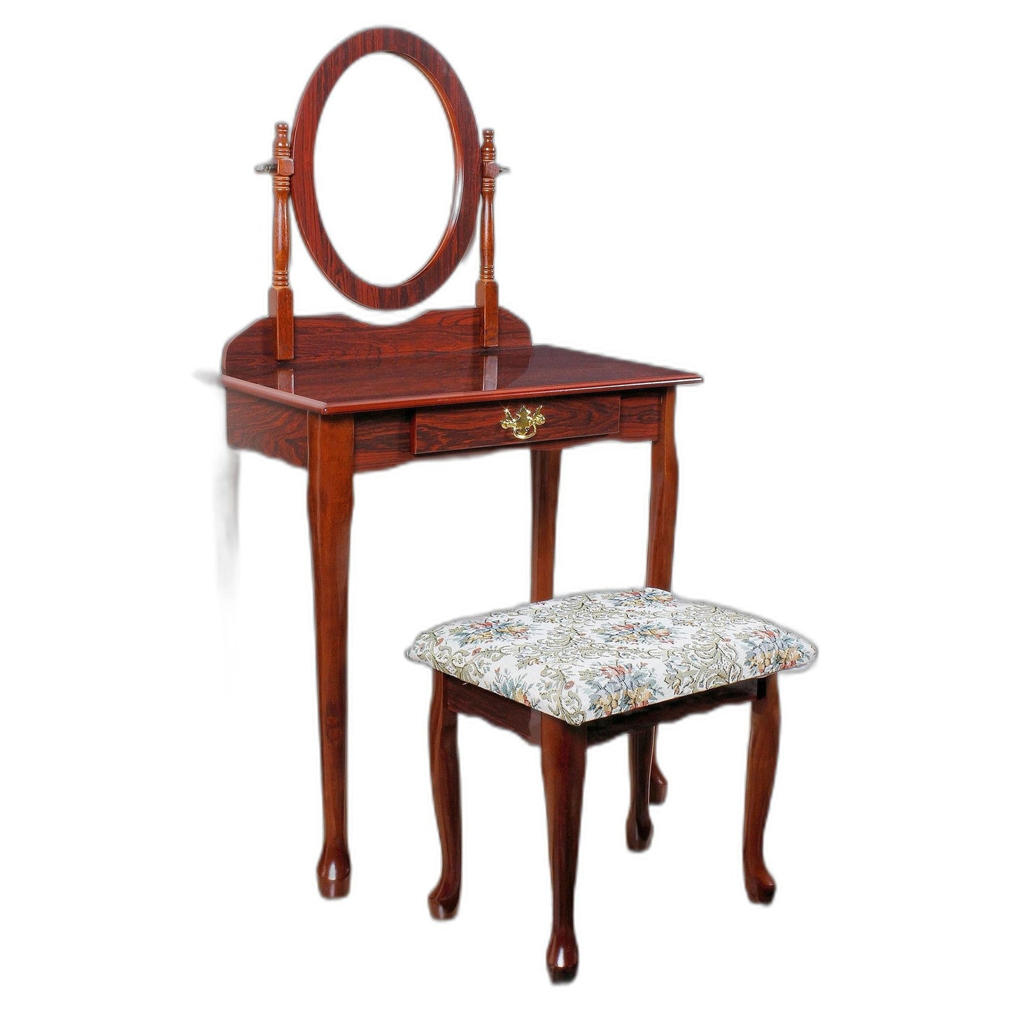 HomeRoots 29" x 18" x 49" Queen Anne Vanity Set In Cherry Finish