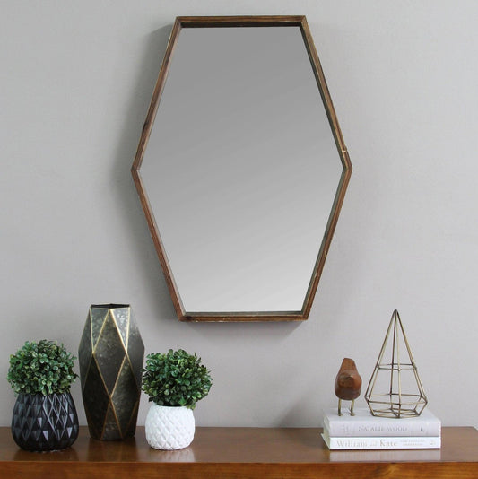 HomeRoots Hexagonal Wall Mirror With Dark Wood Finish