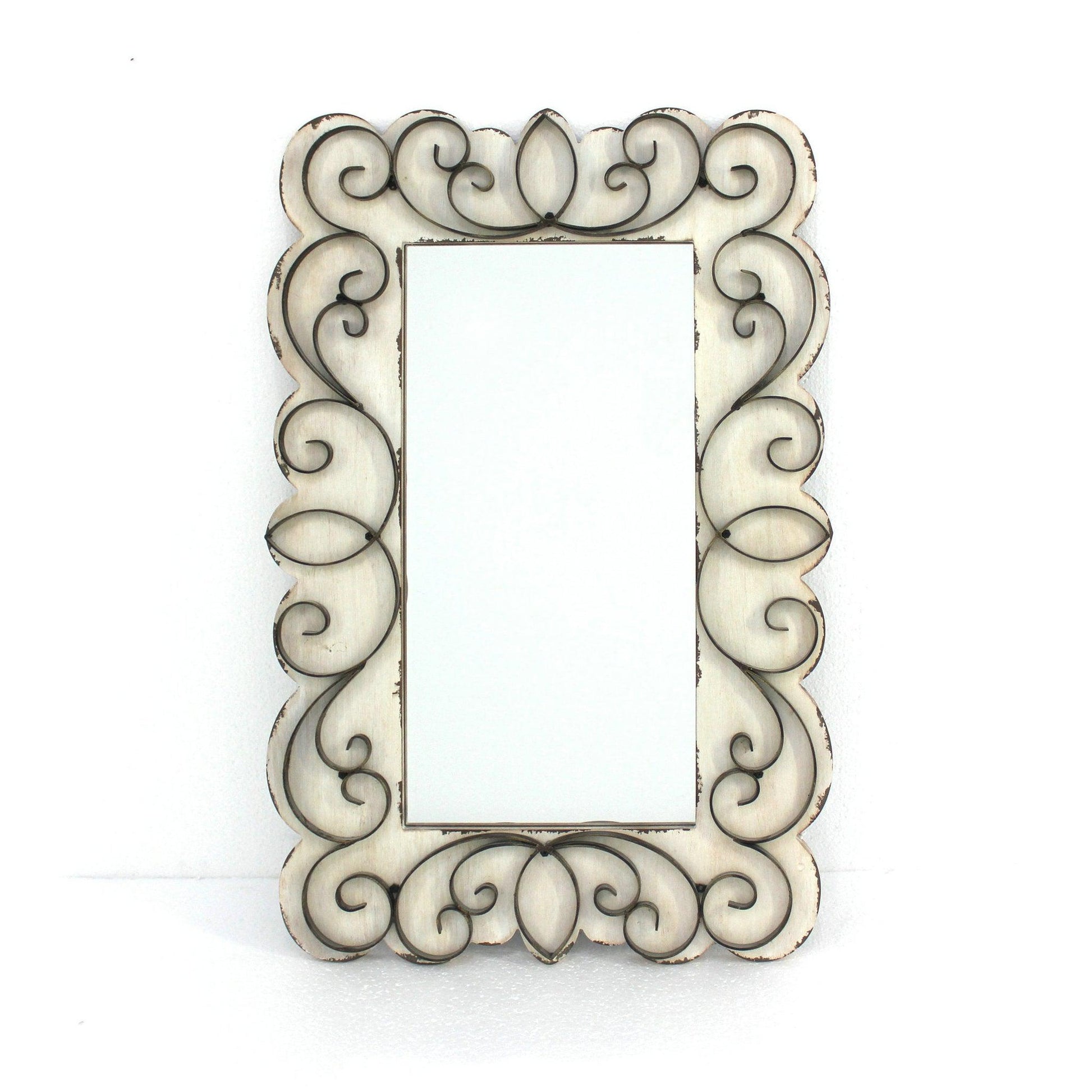 HomeRoots Vintage Decorative Wood & Metal Wall Mirror In Antique White Finish
