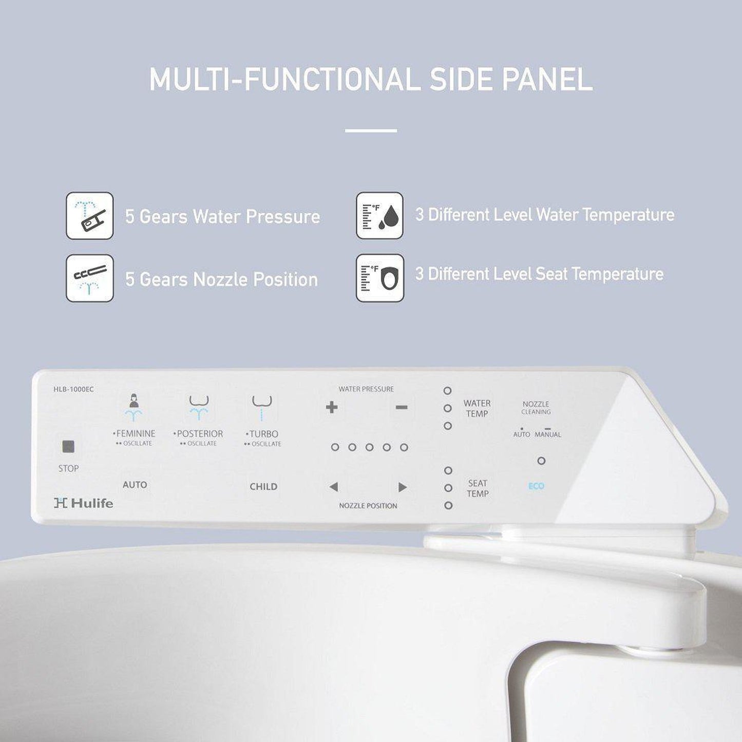 Hulife HLB-1000EC 21" Elongated White Electric Bidet Toilet Seat With Side Touch Control Panel