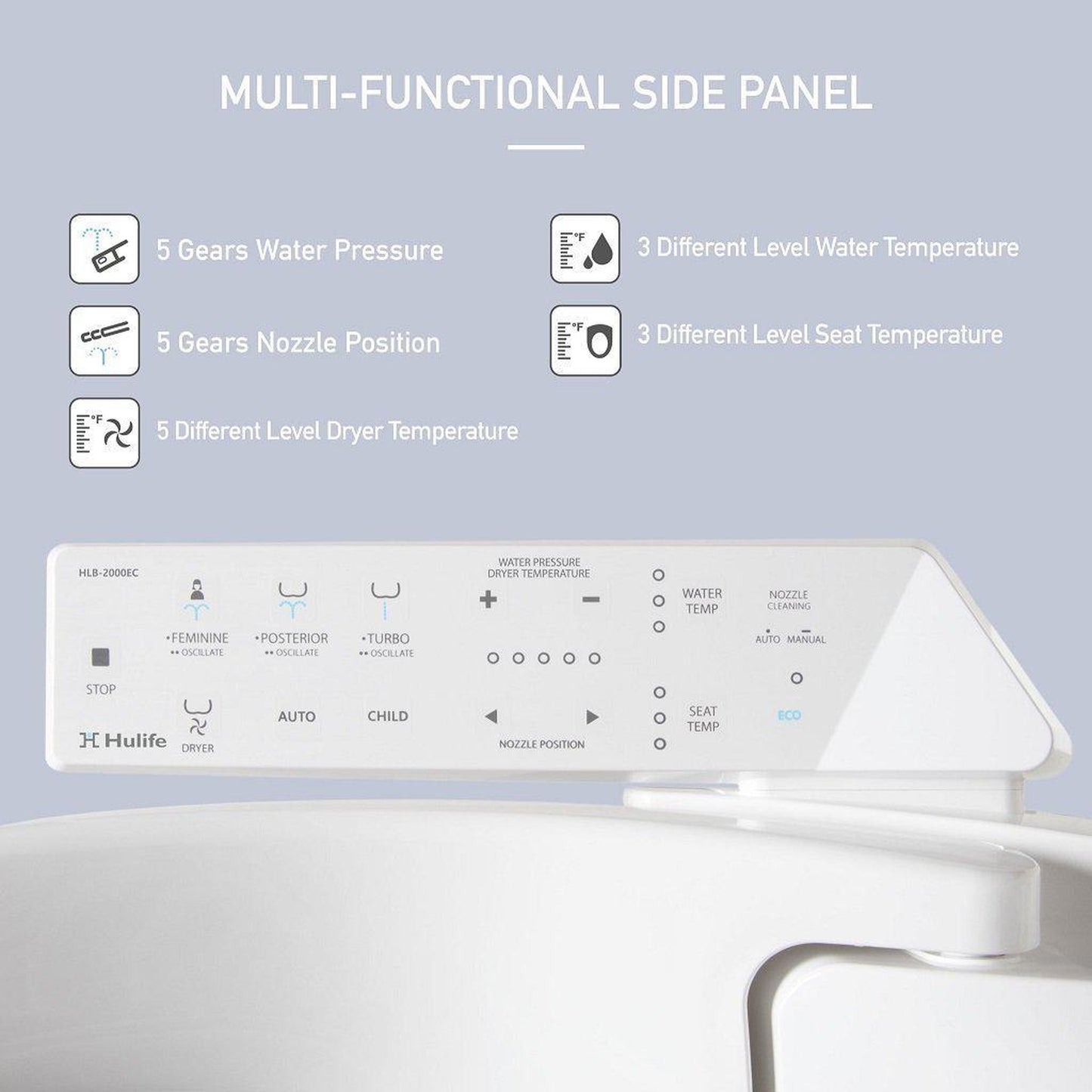 Hulife HLB-2000EC 21" Elongated White Electric Bidet Toilet Seat With Side Touch Control Panel