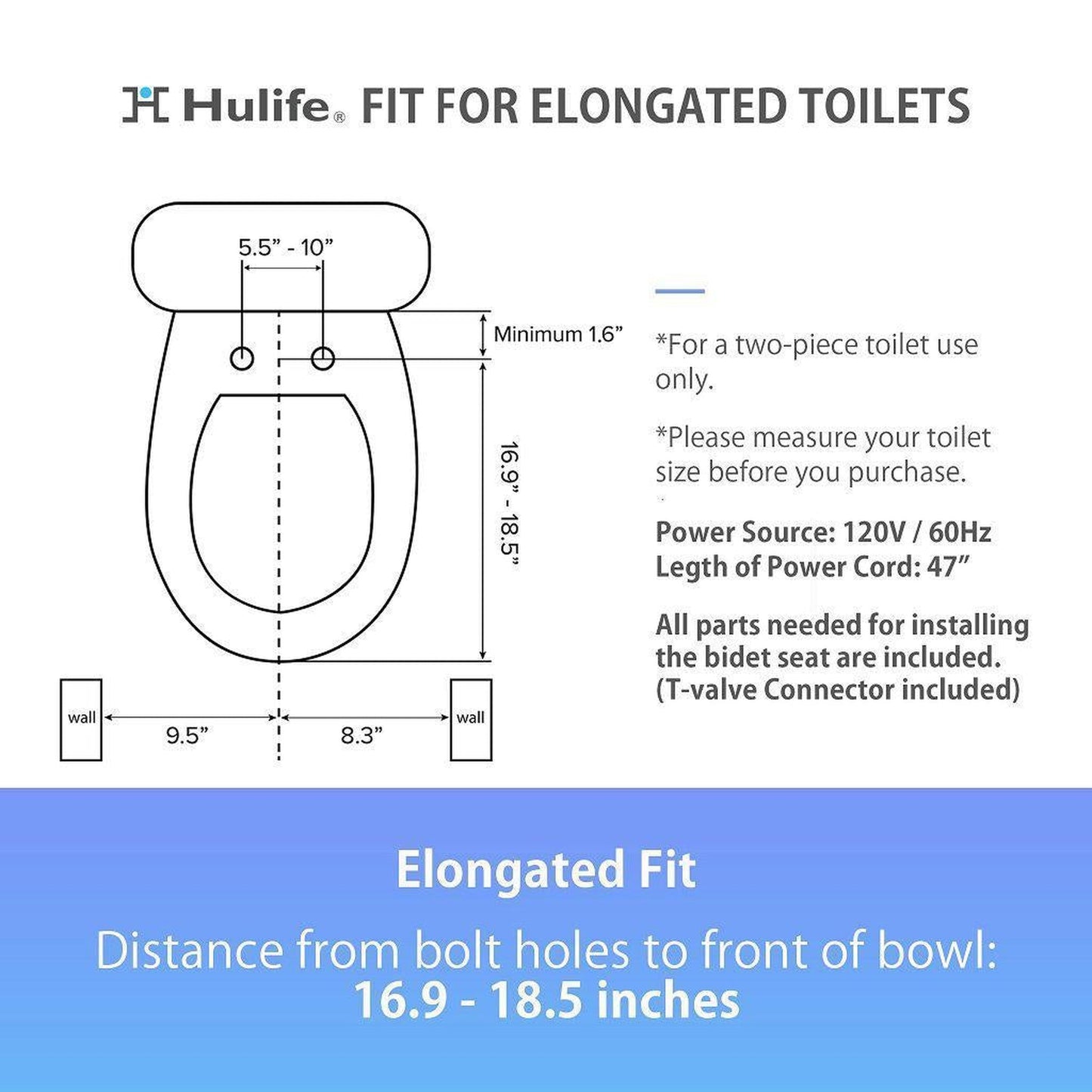 Hulife HLB-3000EC 21" Elongated White Electric Bidet Toilet Seat With Side Touch Control Panel