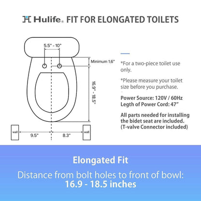 Hulife HLB-3000EC 21" Elongated White Electric Bidet Toilet Seat With Side Touch Control Panel