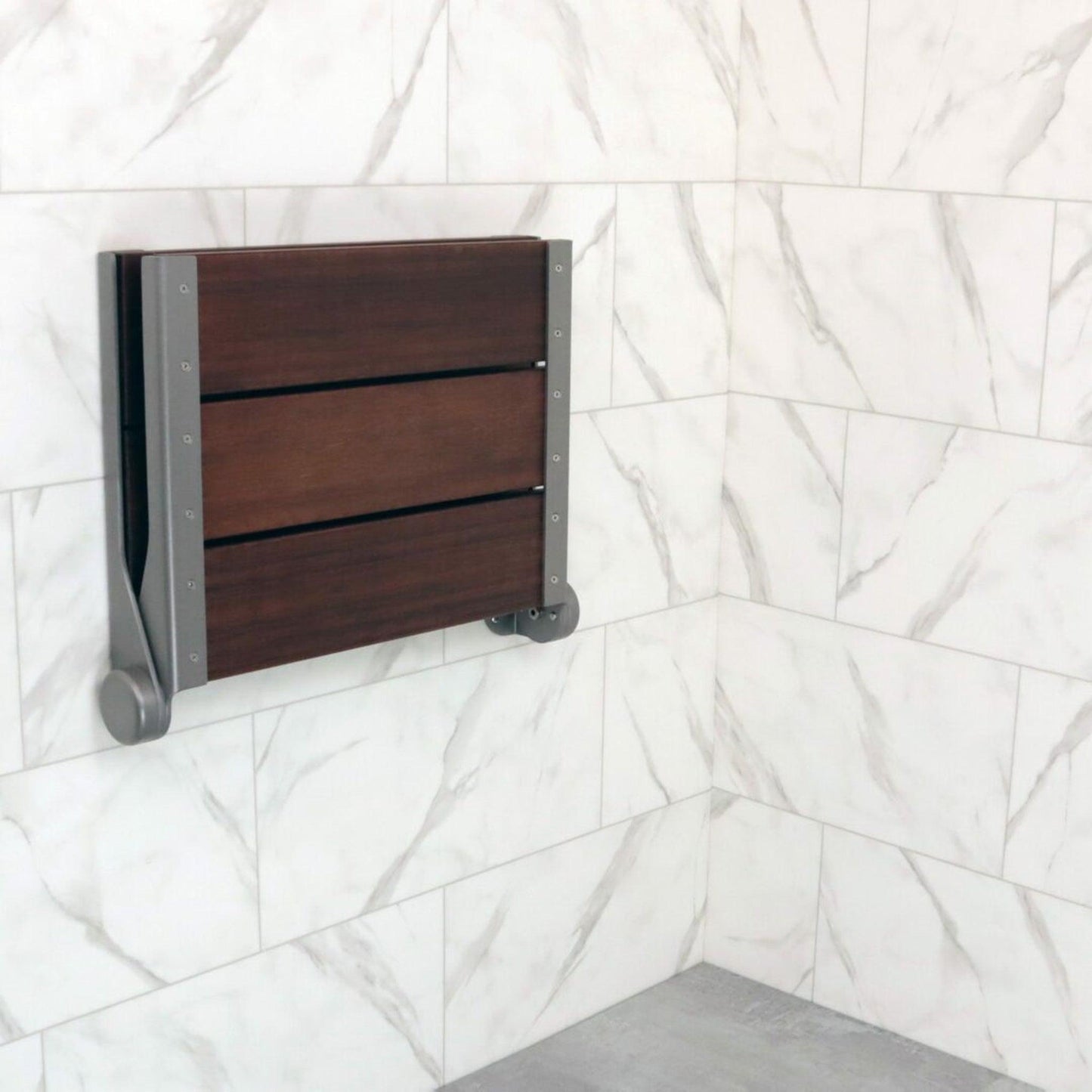 Invisia 18" Rectangle Walnut Stained Bamboo Wall-Mounted SerenaSeat Fold Down Shower Seat With Powder Coated Grey Frame