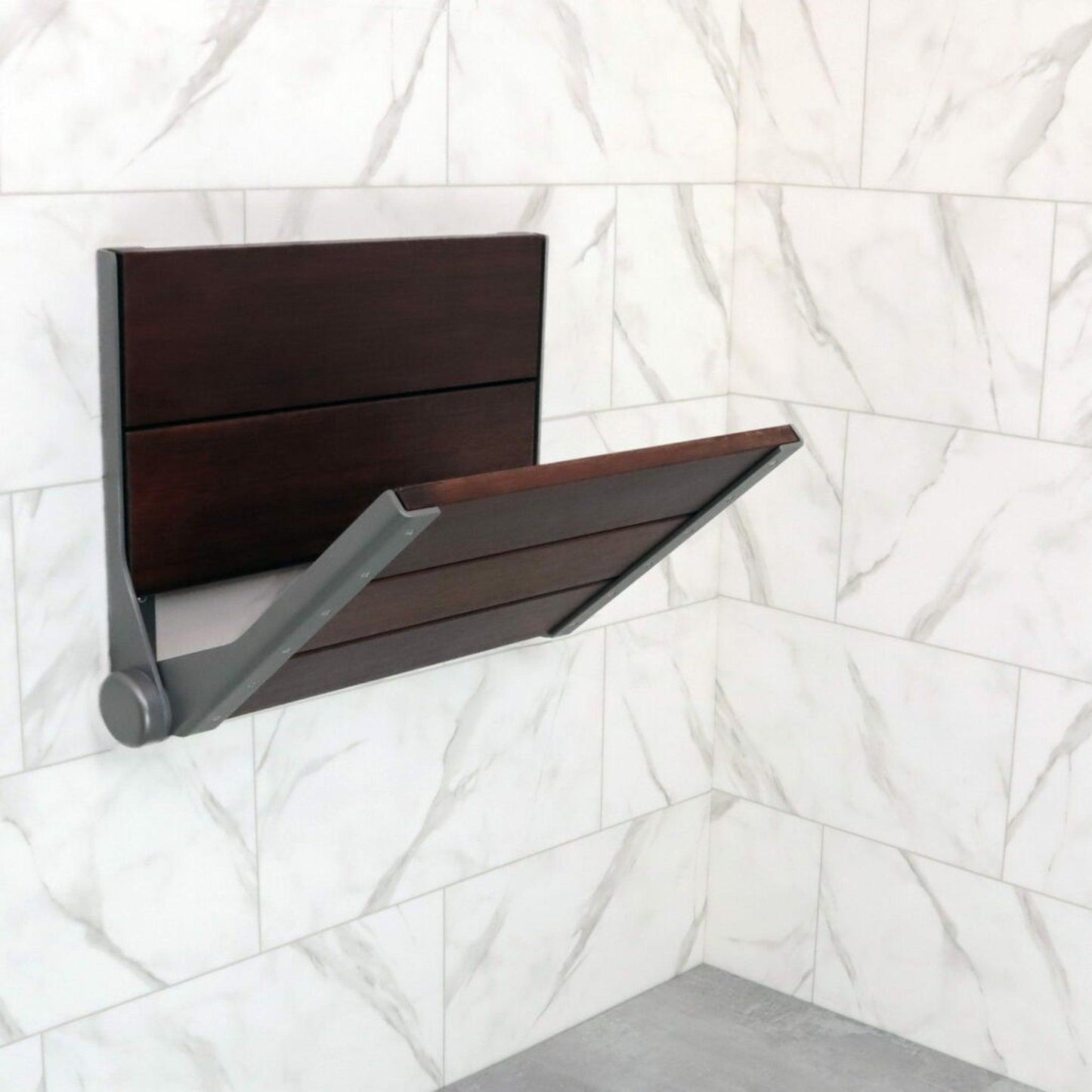 Invisia 26" Rectangle Walnut Stained Bamboo Wall-Mounted SerenaSeat Fold Down Shower Seat With Matte Black Frame