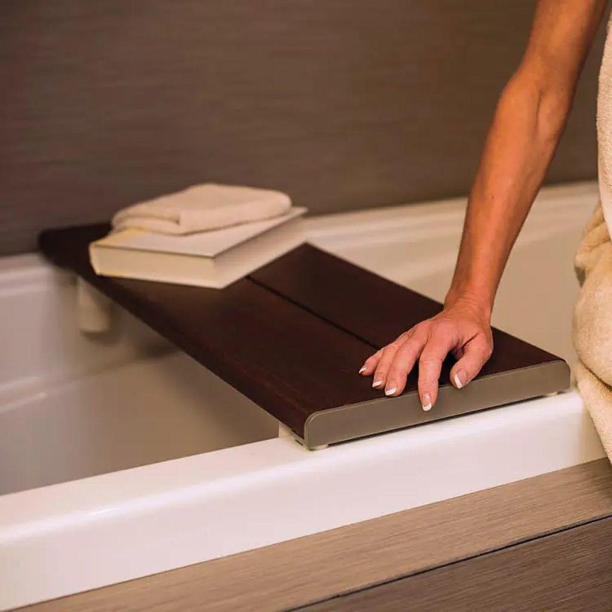 Invisia 30” Rectangle Ash Stained Bamboo Bath Bench for Bathtub With Oil Rubbed Bronze Frame