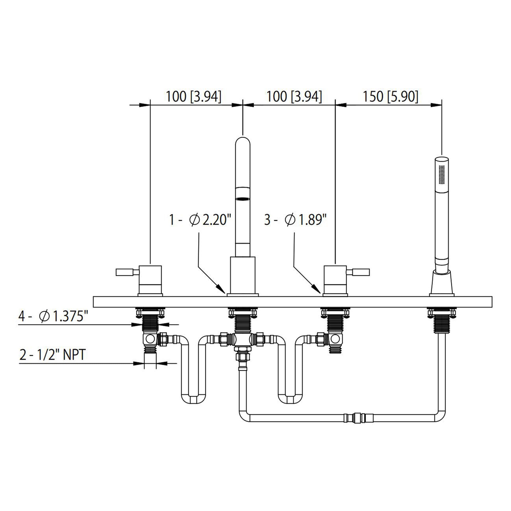 Isenberg Serie 100 14" Four-Hole Chrome Solid Brass Deck-Mounted Roman Bathtub Faucet With Hand Shower