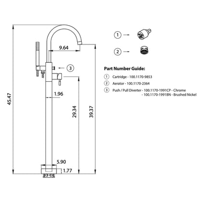Isenberg Serie 100 45" Brushed Nickel PVD Freestanding Floor-Mounted Swivel Bathtub Filler With Integrated Diverter and Hand-Held Shower With Back Flow Prevention Valve