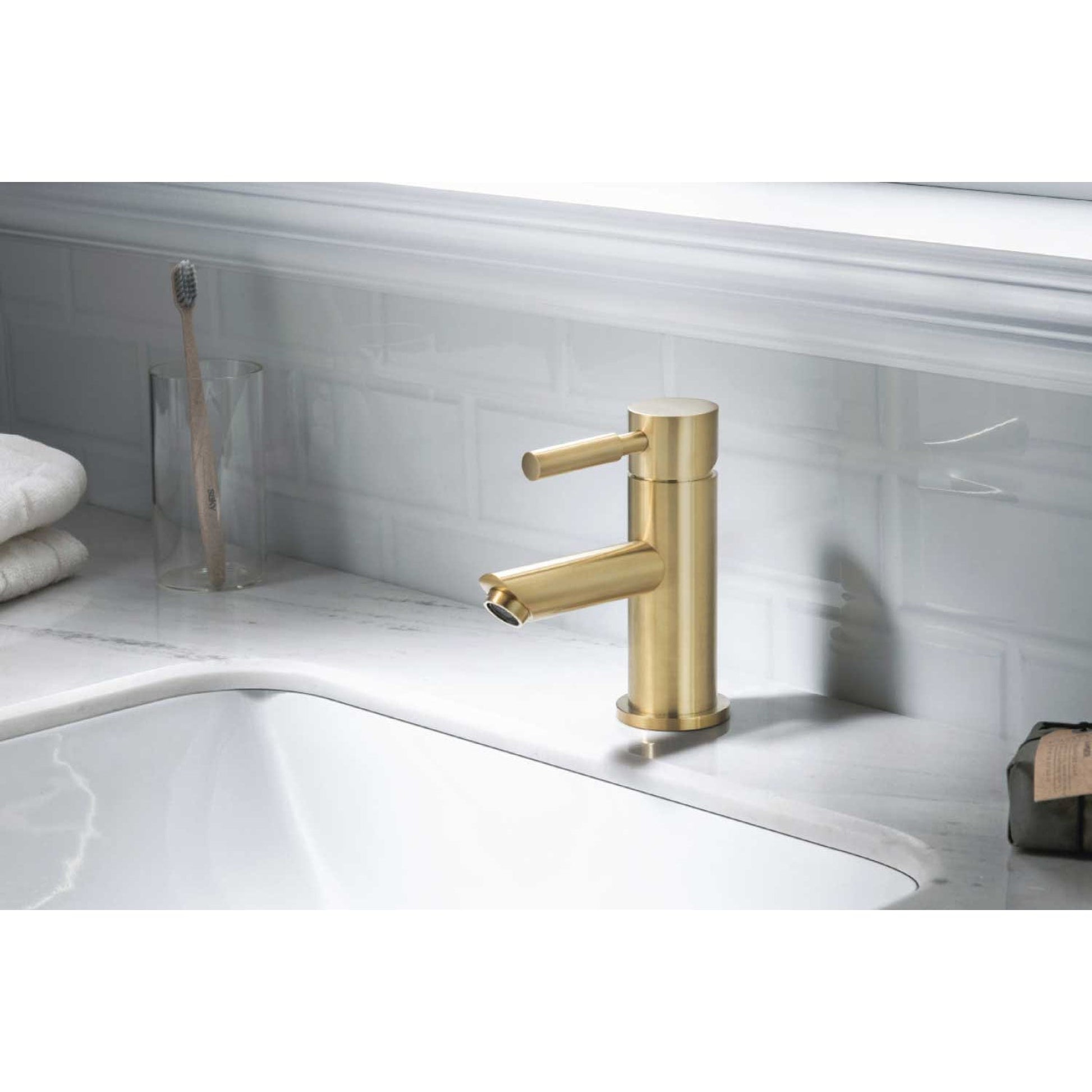 Isenberg Serie 100 6" Single-Hole Satin Brass PVD Deck-Mounted Bathroom Sink Faucet With Pop-Up Drain