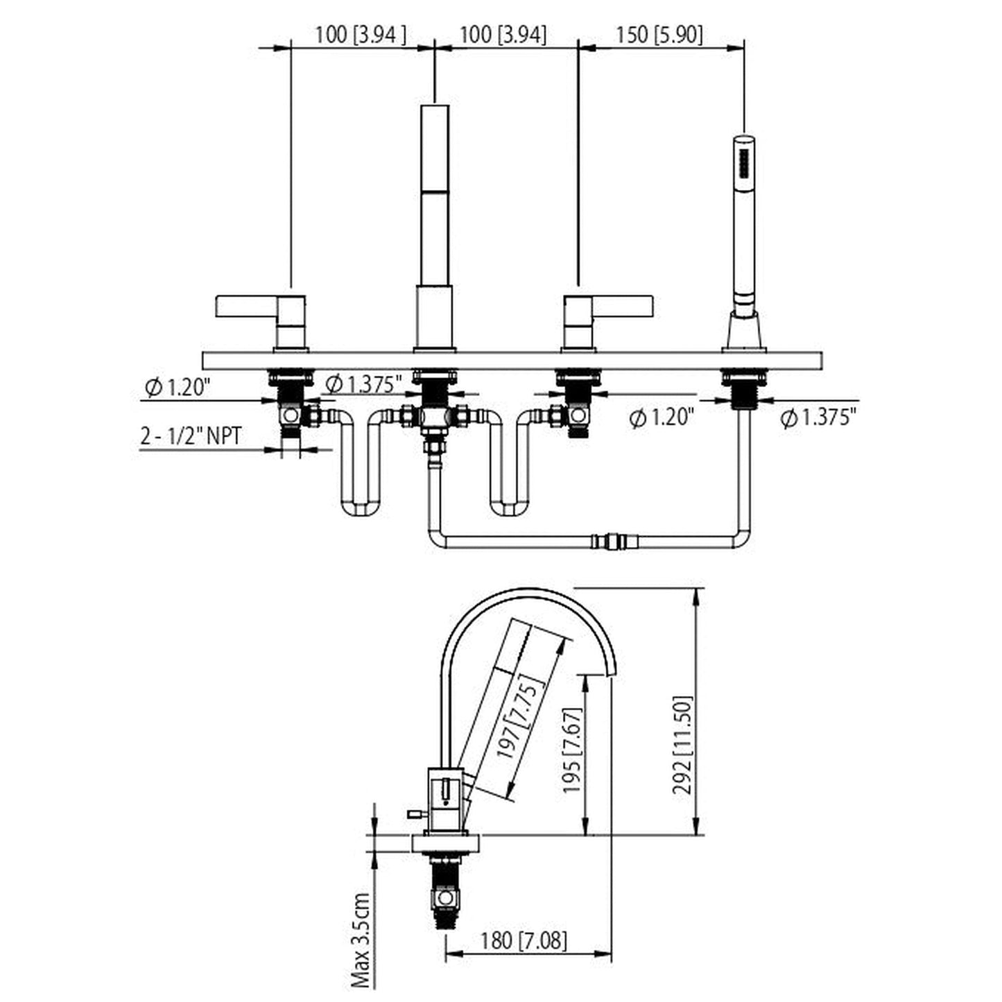 Isenberg Serie 145 12" Four-Hole Chrome Solid Brass Deck-Mounted Roman Bathtub Faucet With Hand Shower