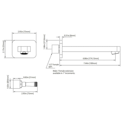 Isenberg Serie 196 7" Single-Hole Brushed Nickel PVD Solid Brass Wall-Mounted Non-Diverting Bathtub Spout