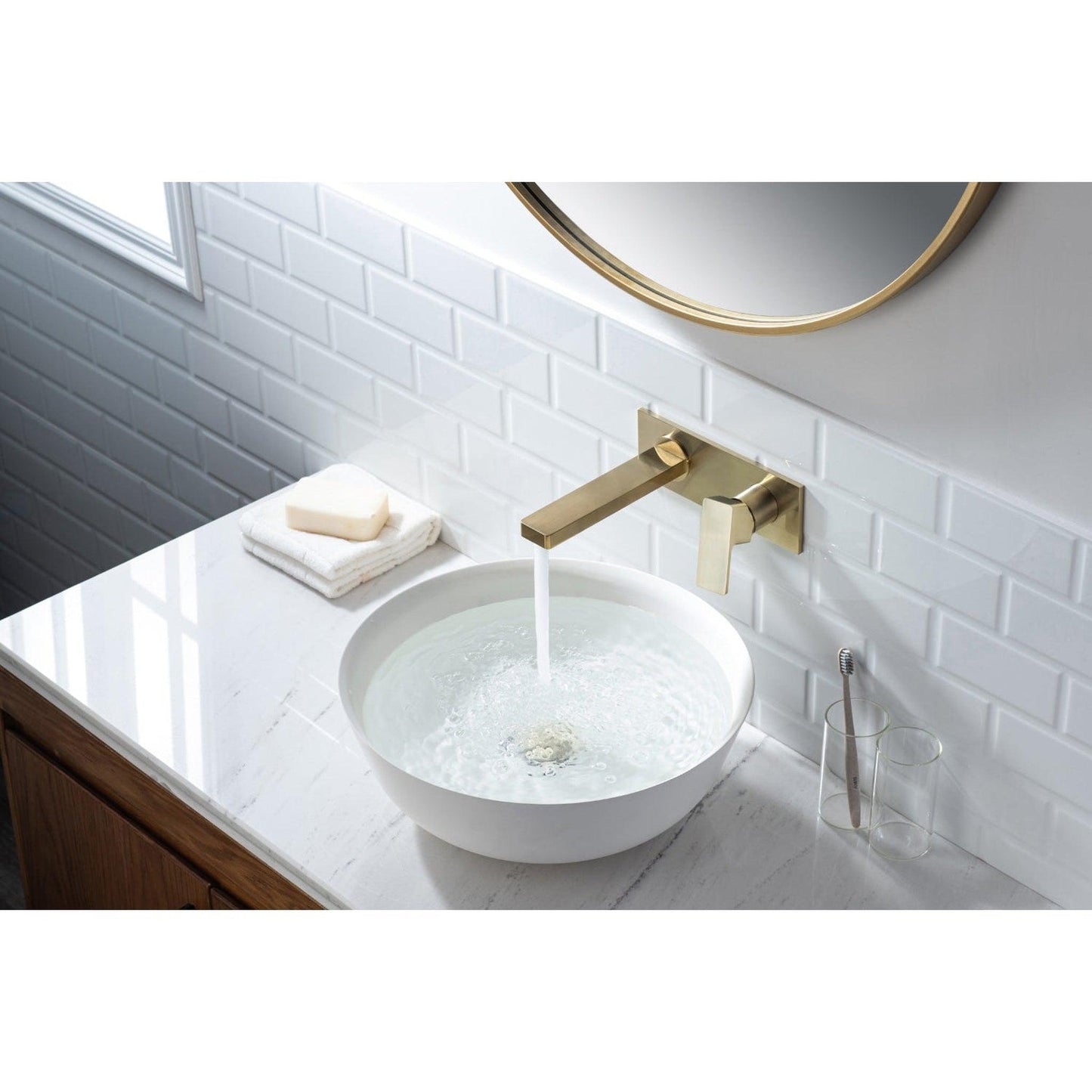 Isenberg Serie 196 9" Two-Hole Satin Brass PVD Wall-Mounted Bathroom Sink Faucet With Rough In Valve