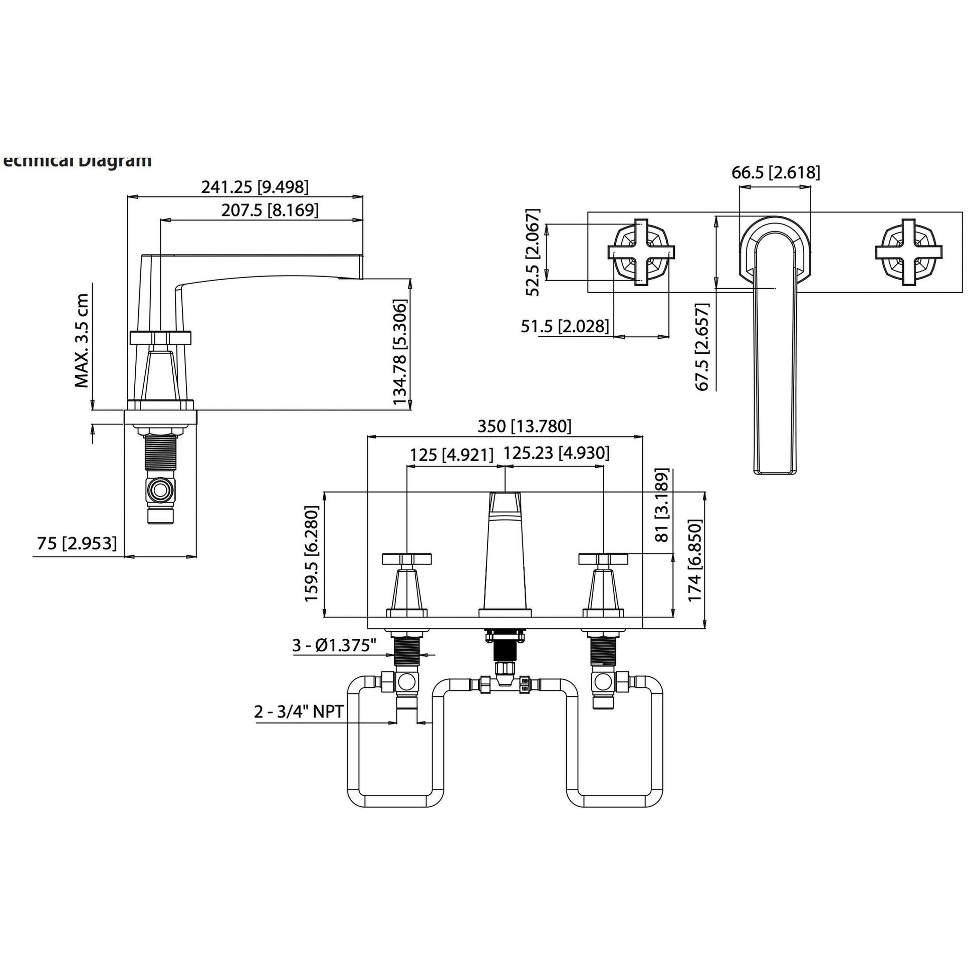 Isenberg Serie 240 14" Three-Hole Matte Black Solid Brass Deck-Mounted Roman Bathtub Faucet