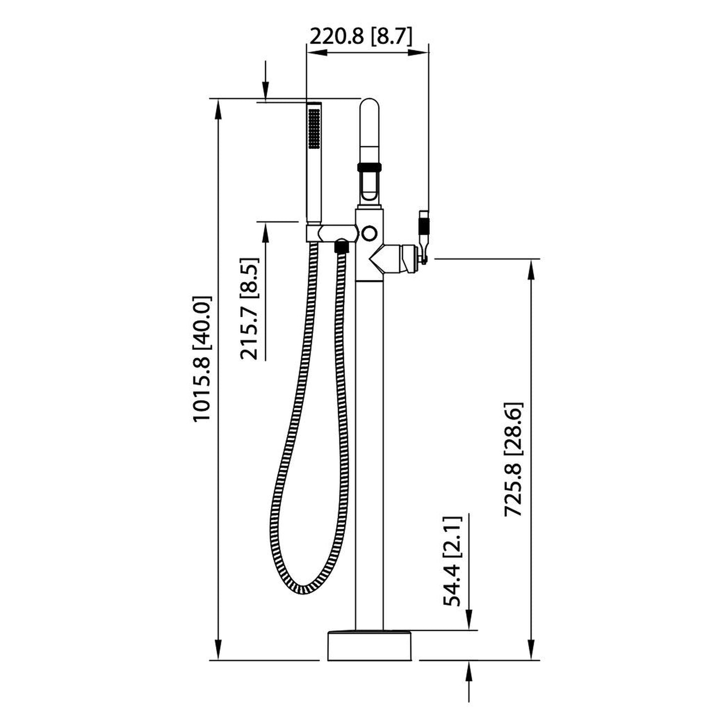 Isenberg Serie 250 40" Brushed Nickel PVD Freestanding Floor-Mounted Swivel Bathtub Filler With Integrated Diverter and Hand-Held Shower With Back Flow Prevention Valve