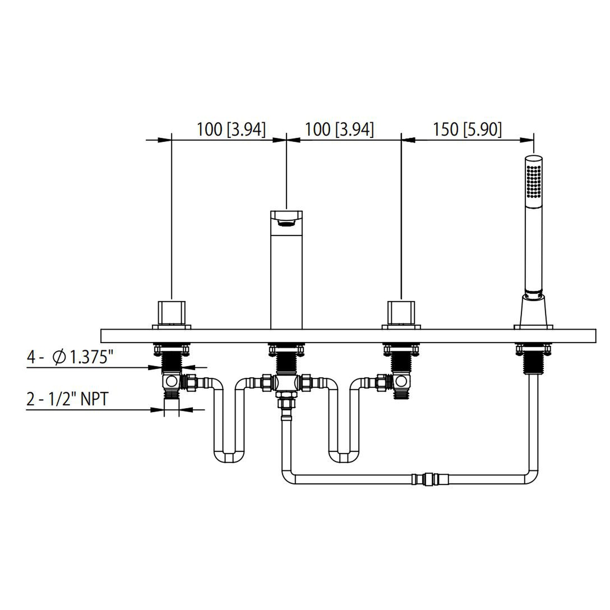 Isenberg Serie 260 14" Four-Hole Brushed Nickel PVD Solid Brass Deck-Mounted Roman Bathtub Faucet With Hand Shower