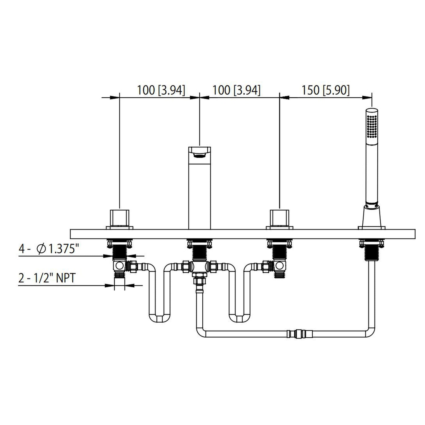 Isenberg Serie 260 14" Four-Hole Matte Black Solid Brass Deck-Mounted Roman Bathtub Faucet With Hand Shower