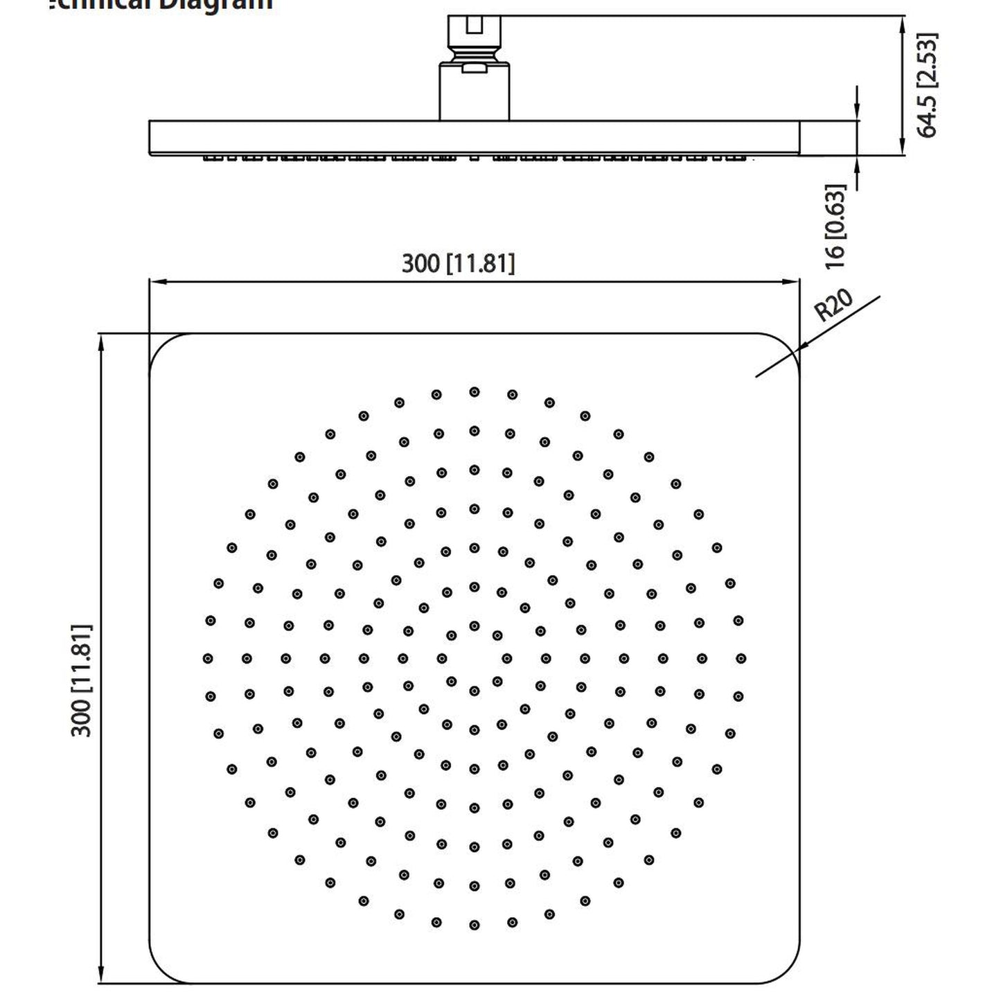 Isenberg Universal Fixtures 12" Single Function Square Curve-Edged Brushed Nickel PVD Solid Brass Rain Shower Head With 16" Wall Mounted Shower Arm