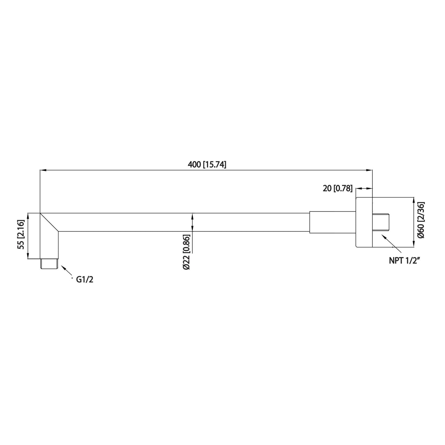 Isenberg Universal Fixtures 16" Brushed Nickel PVD Solid Brass Wall-Mounted Shower Arm With Angled Extension and Round Sliding Flange