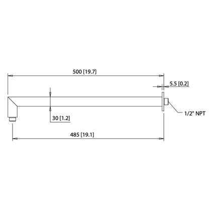 Isenberg Universal Fixtures 20" Brushed Nickel PVD Solid Brass Wall-Mounted Shower Arm With Angled Extension and Square Sliding Flange