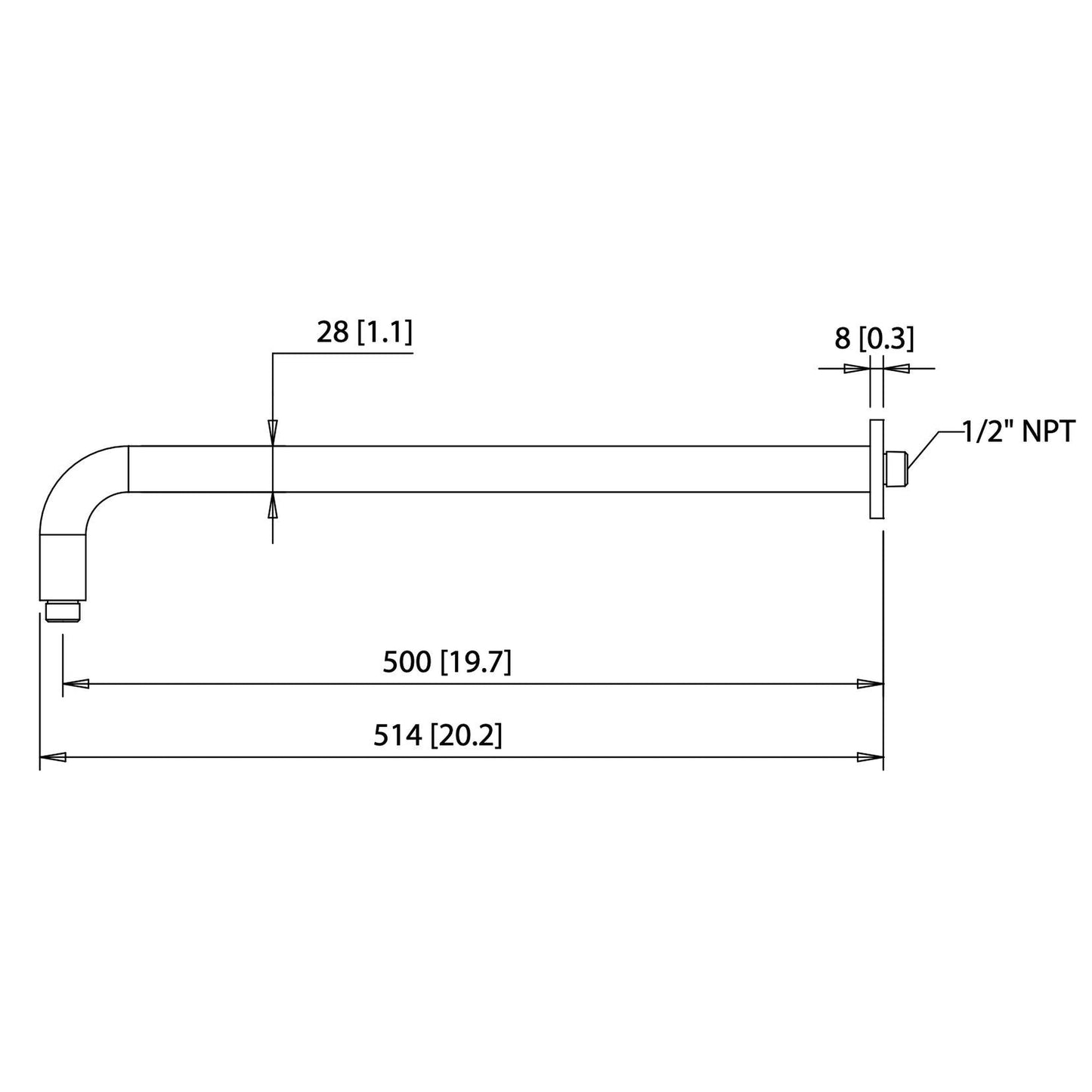 Isenberg Universal Fixtures 20" Brushed Nickel PVD Solid Brass Wall-Mounted Shower Arm With J-Shape Extension and Round Sliding Flange