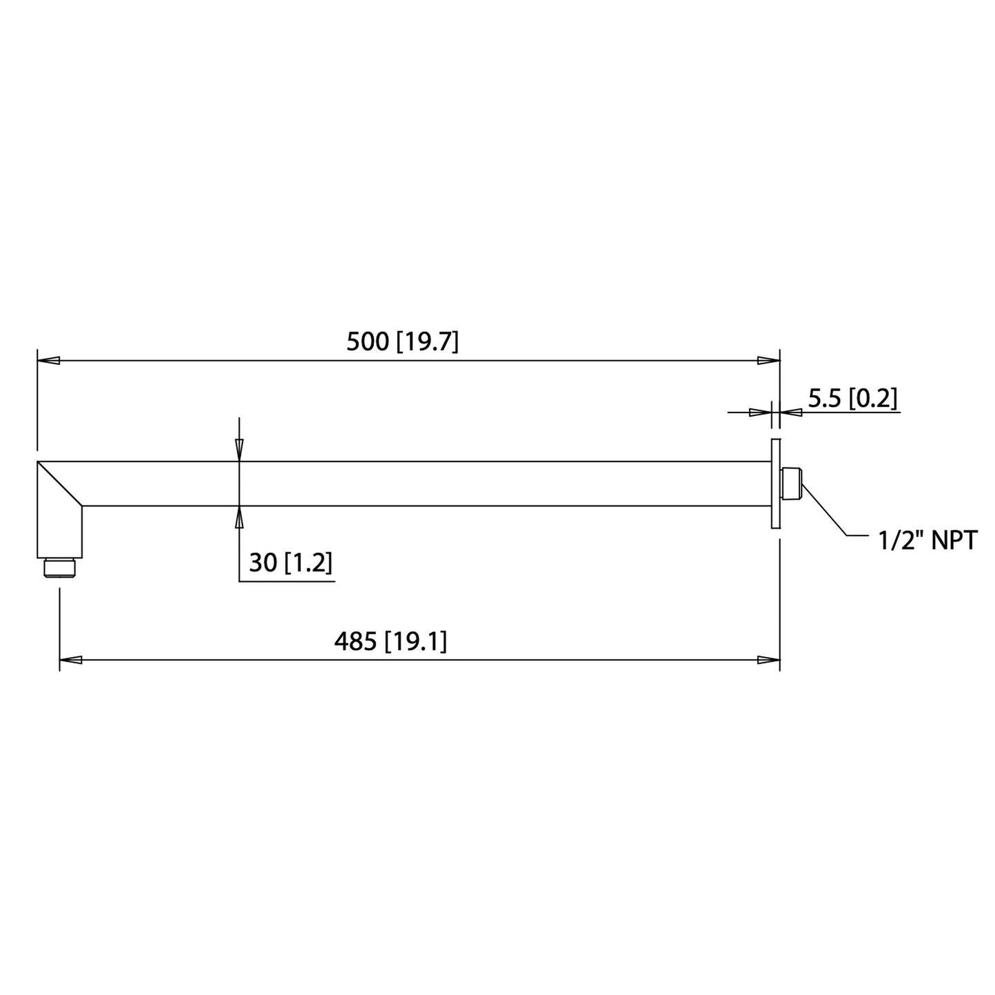 Isenberg Universal Fixtures 20" Chrome Solid Brass Wall-Mounted Shower Arm With Angled Extension and Square Sliding Flange