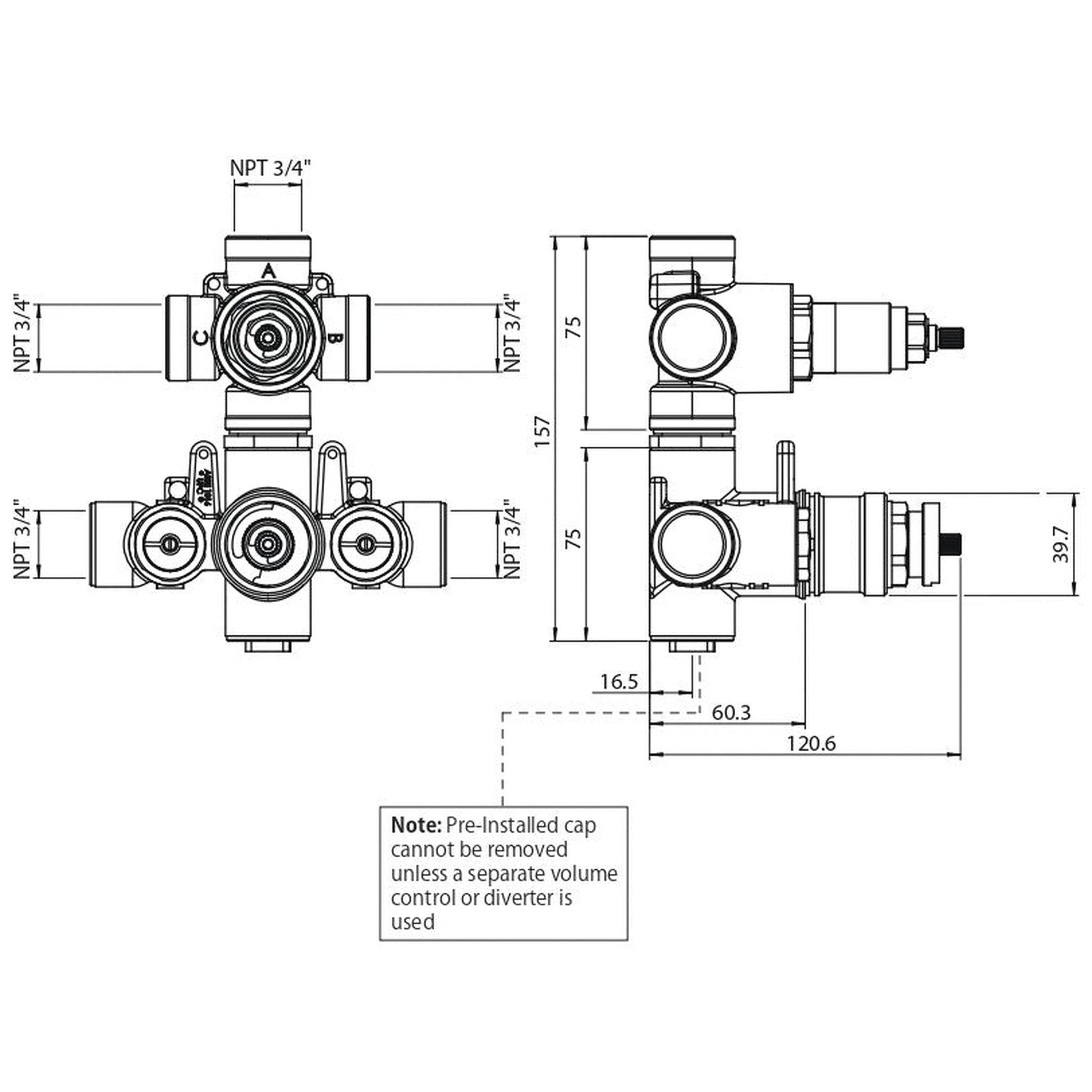 Isenberg Universal Fixtures 6" 3-Output Rough Brass Wall-Mounted Thermostatic Shower Valve With 3-Way Non-Shared / Shared Diverter Cartridge And Integrated Volume Control