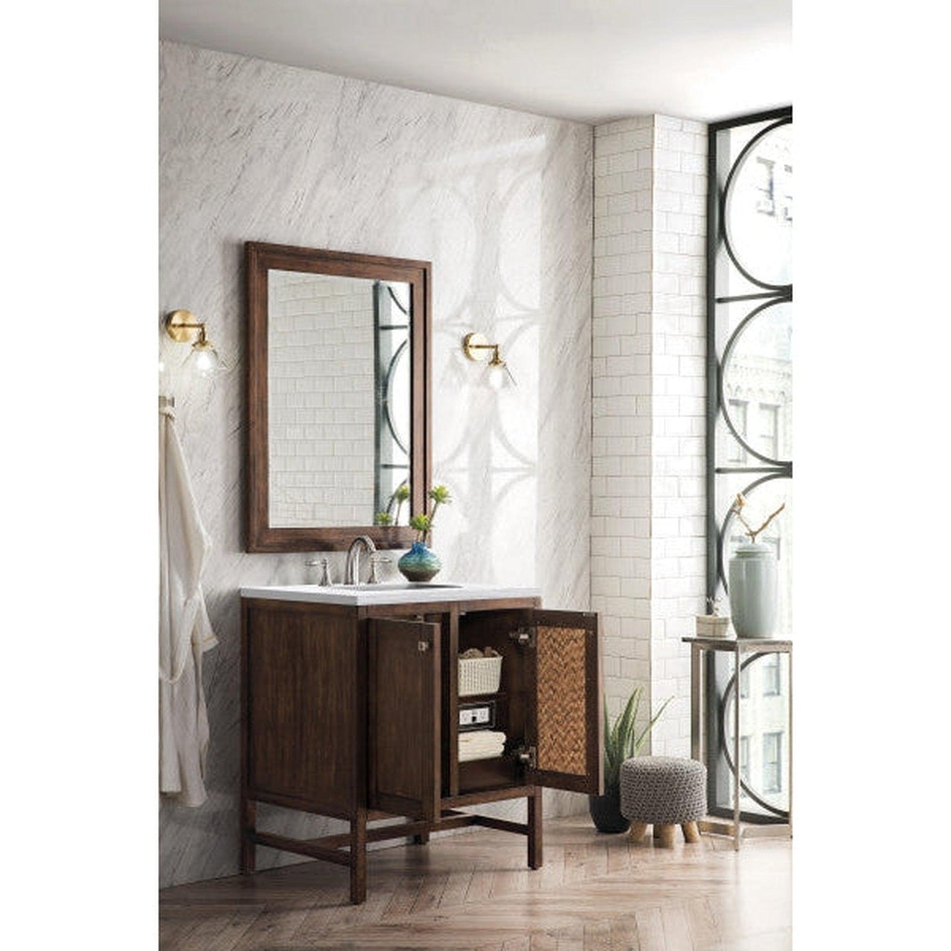 James Martin Addison 30" 2-Door Single Mid Century Acacia Bathroom Vanity With 1" Arctic Fall Solid Surface Top and Rectangular Ceramic Sink