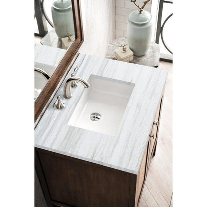 James Martin Addison 30" 2-Door Single Mid Century Acacia Bathroom Vanity With 1" Arctic Fall Solid Surface Top and Rectangular Ceramic Sink